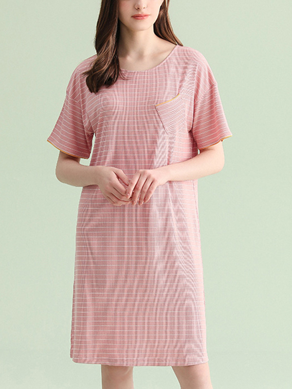 Pink Round Neck Striped Sleepdress