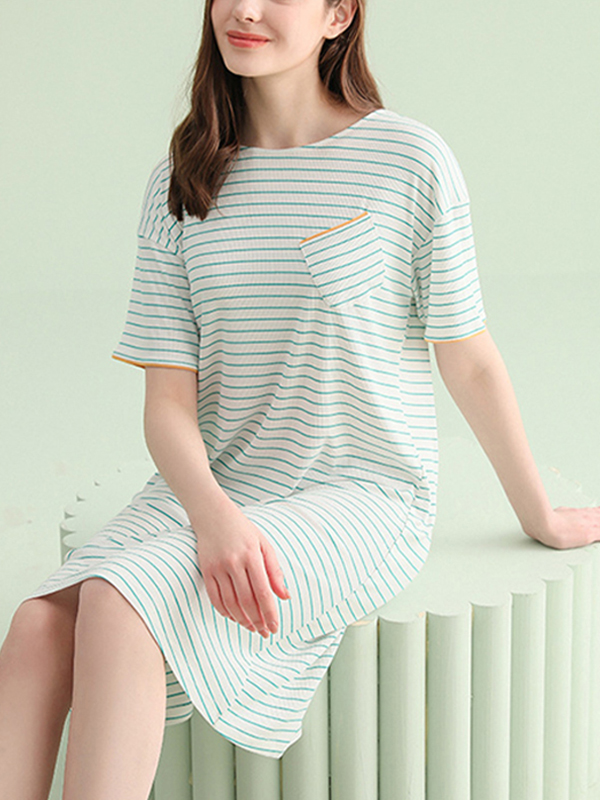 Green Round Neck Striped Sleepdress