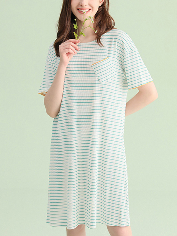 Green Round Neck Striped Sleepdress