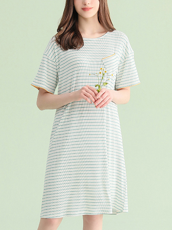 Green Round Neck Striped Sleepdress