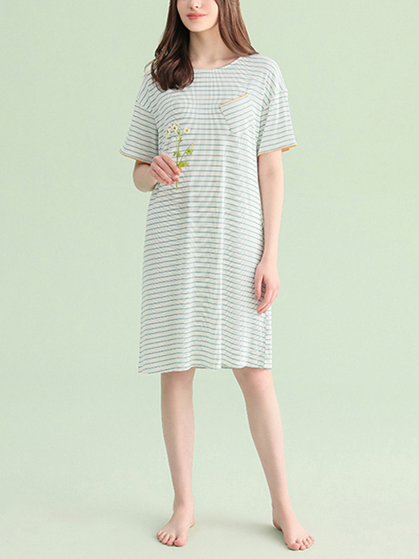 Green Round Neck Striped Sleepdress