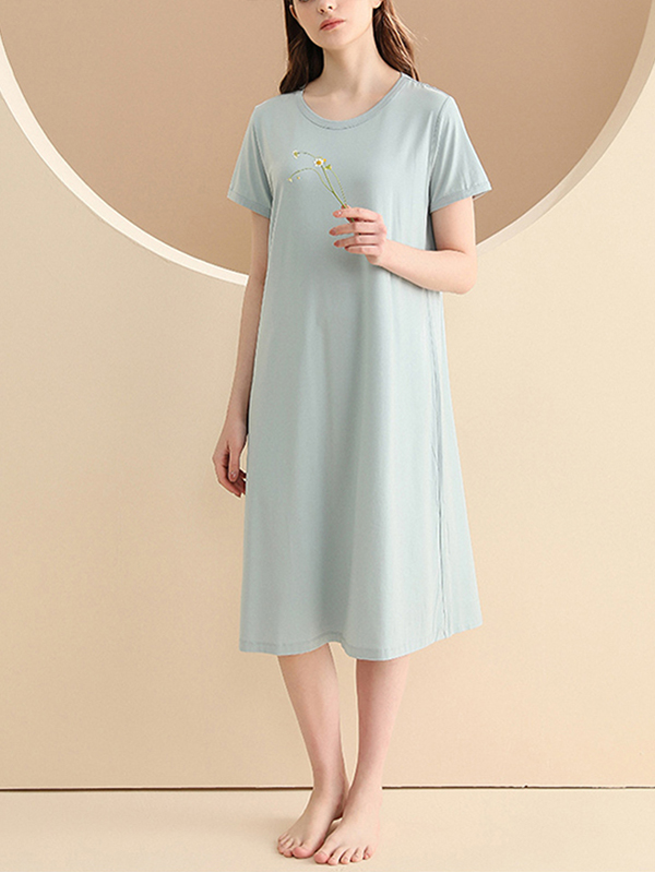 Blue Round Neck A-line Sleepdress