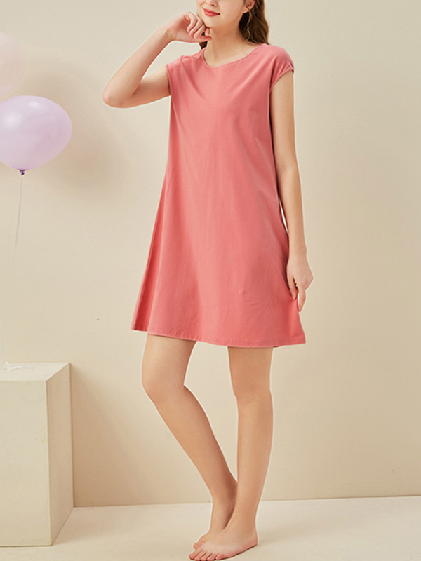 Red Round Neck Capped Sleeved Sleepdress