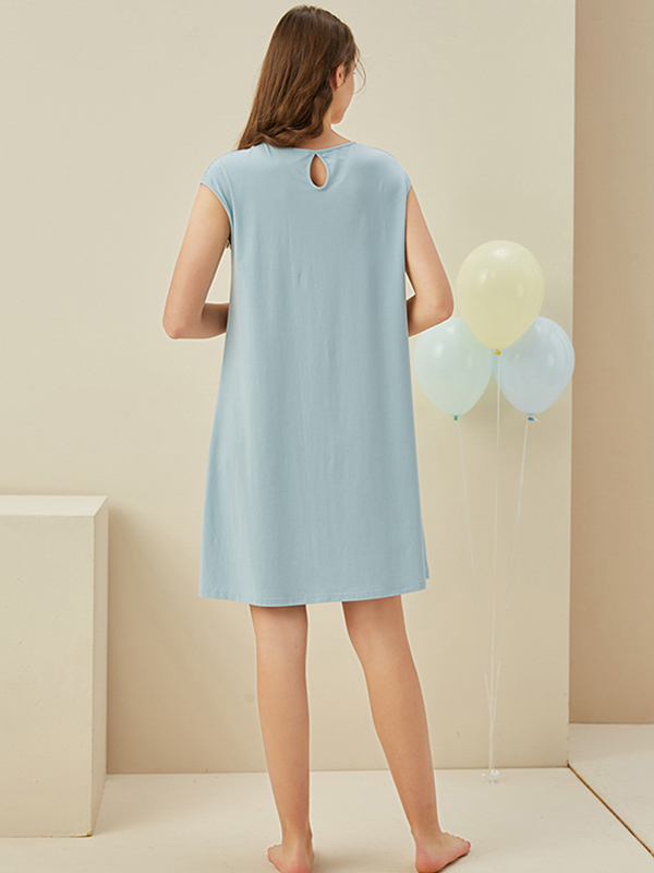 Blue Round Neck Capped Sleeved Sleepdress