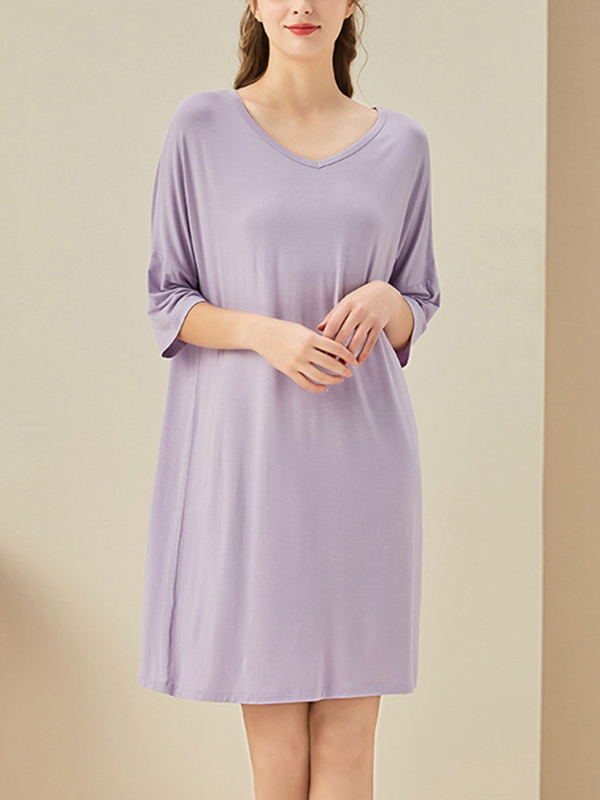 Purple V Neck Half Sleeves Sleepdress