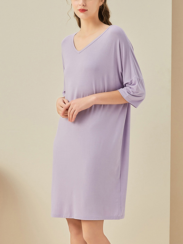 Purple V Neck Half Sleeves Sleepdress