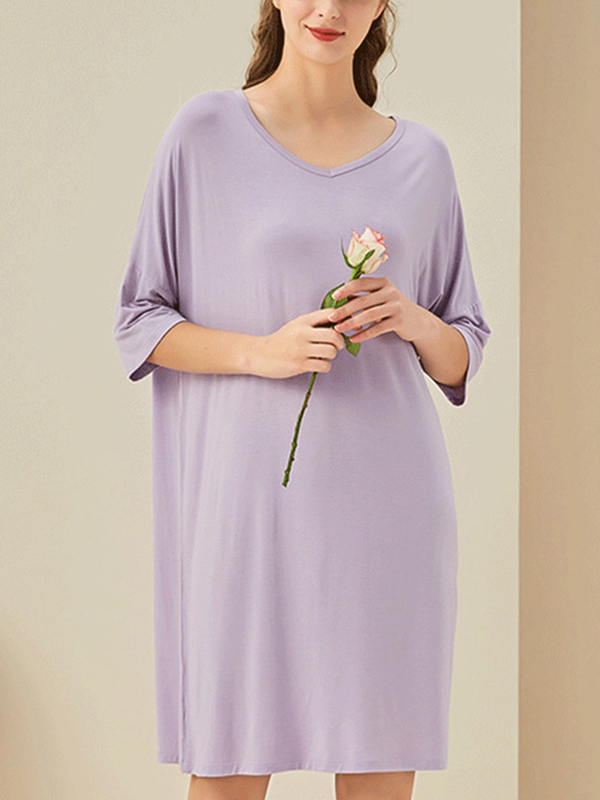 Purple V Neck Half Sleeves Sleepdress