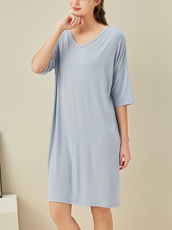 Blue V Neck Half Sleeves Sleepdress