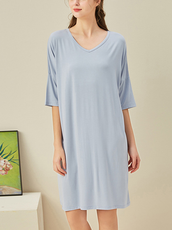 Blue V Neck Half Sleeves Sleepdress