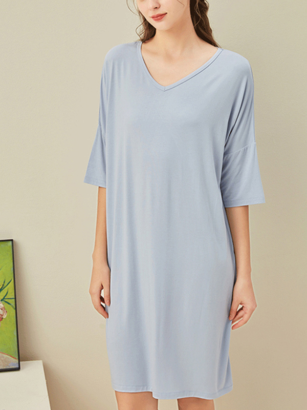 Blue V Neck Half Sleeves Sleepdress