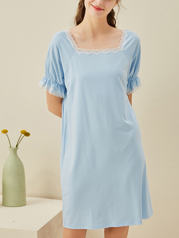 Blue Square Neck Short Sleeves Sleepdress