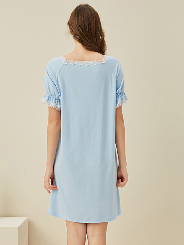 Blue Square Neck Short Sleeves Sleepdress