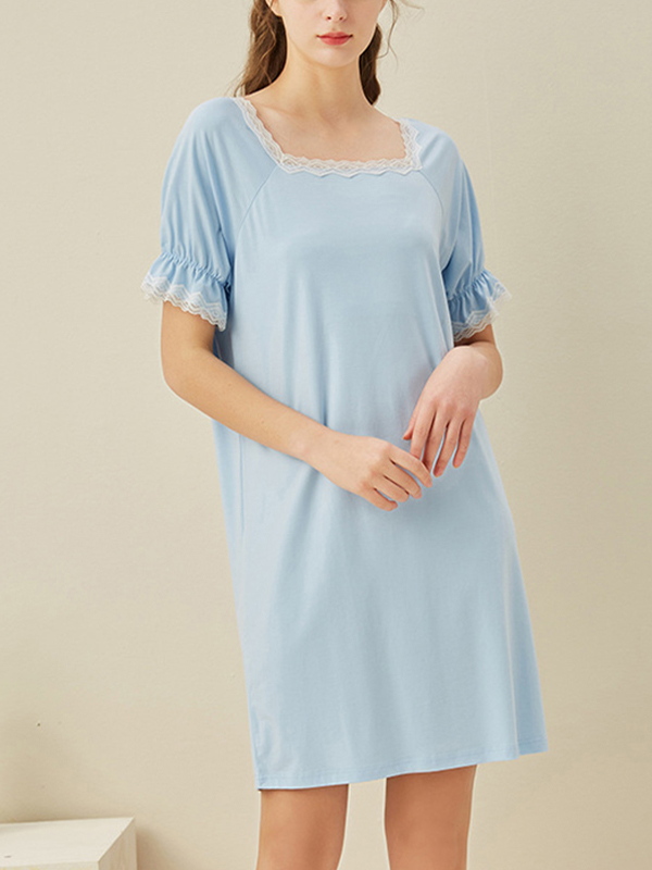 Blue Square Neck Short Sleeves Sleepdress