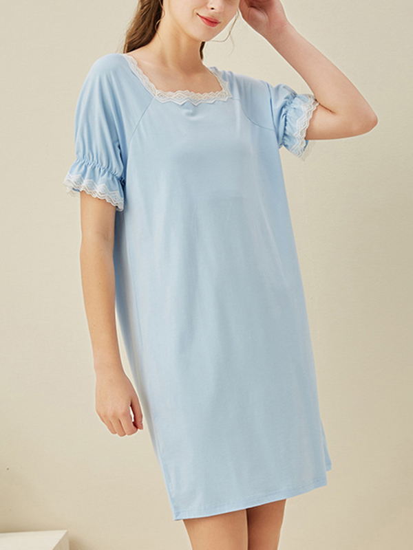 Blue Square Neck Short Sleeves Sleepdress