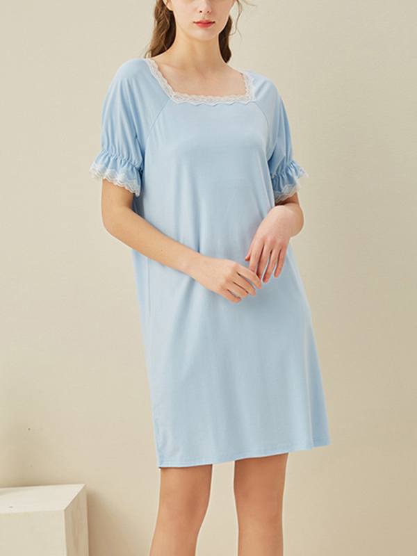 Blue Square Neck Short Sleeves Sleepdress