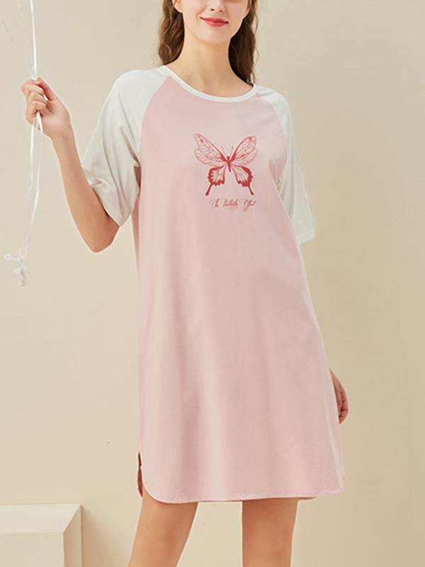 Pink Butterfly Printed Short Sleeves Sleepdress