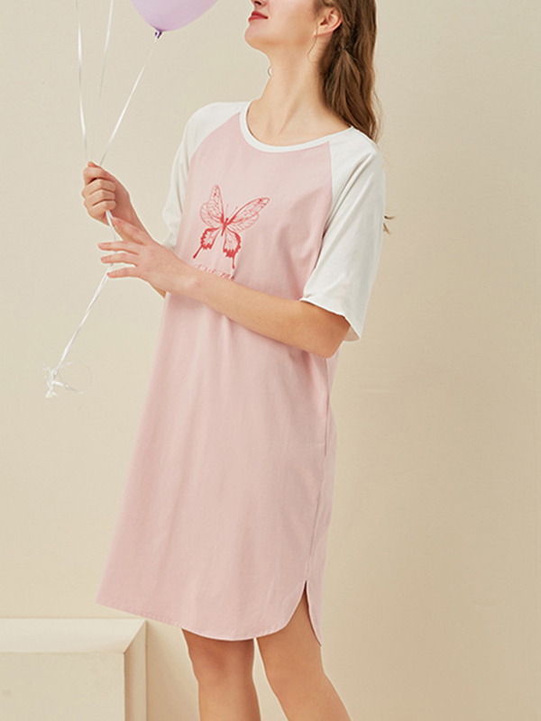 Pink Butterfly Printed Short Sleeves Sleepdress