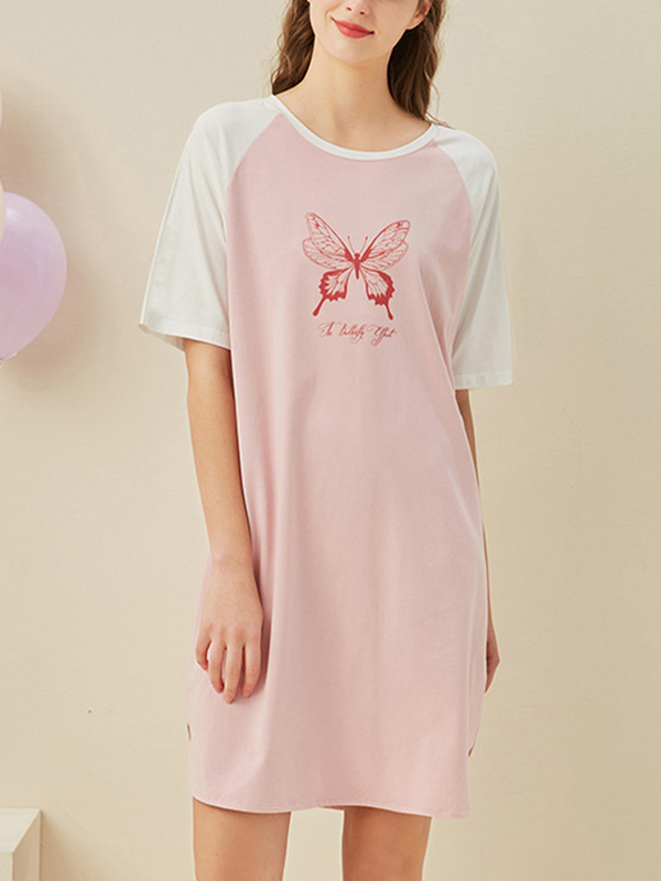 Pink Butterfly Printed Short Sleeves Sleepdress