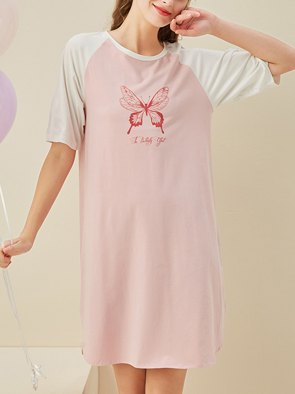 Pink Butterfly Printed Short Sleeves Sleepdress