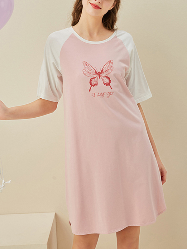 Pink Butterfly Printed Short Sleeves Sleepdress