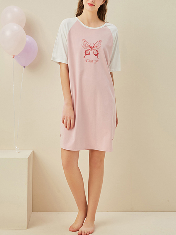 Pink Butterfly Printed Short Sleeves Sleepdress