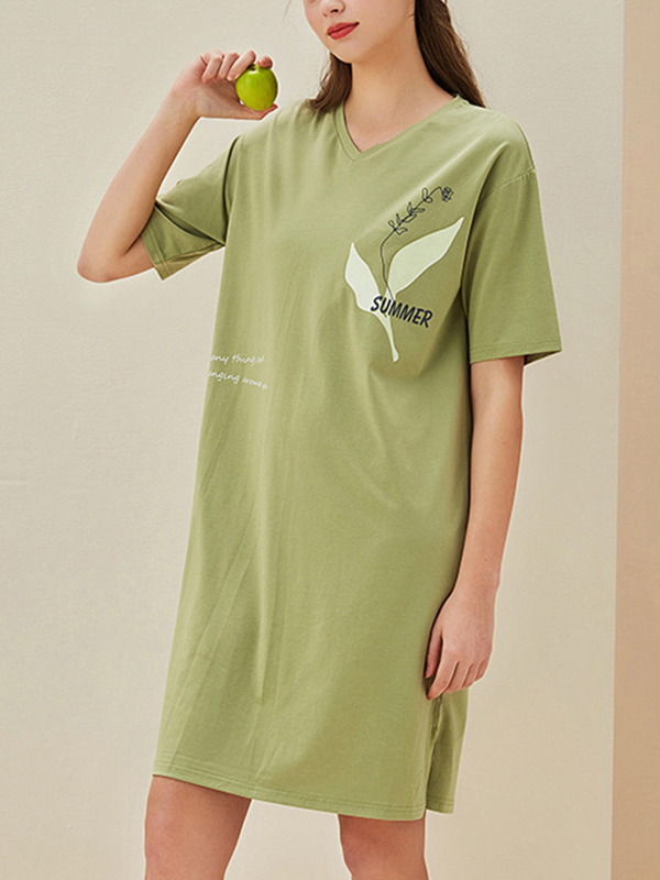 Green V-neck Short Sleeves Sleepdress