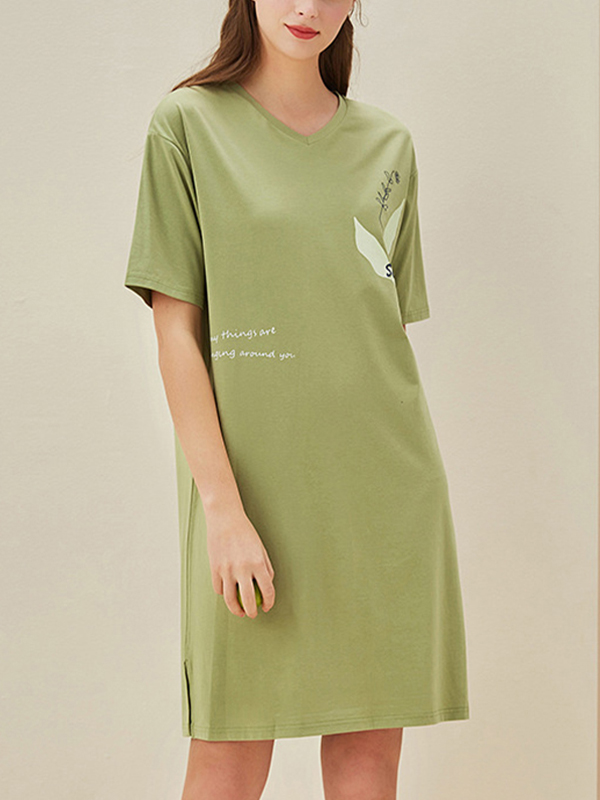 Green V-neck Short Sleeves Sleepdress