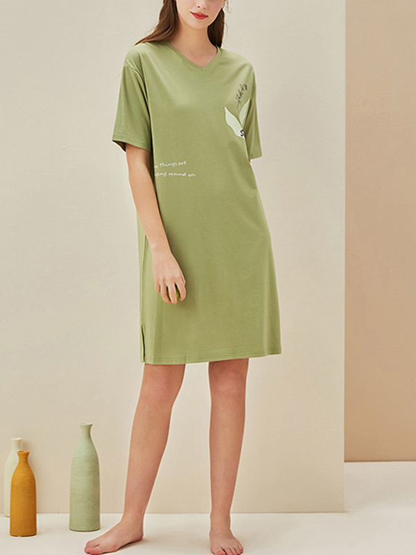 Green V-neck Short Sleeves Sleepdress