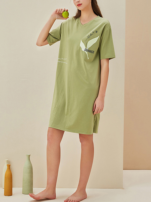 Green V-neck Short Sleeves Sleepdress