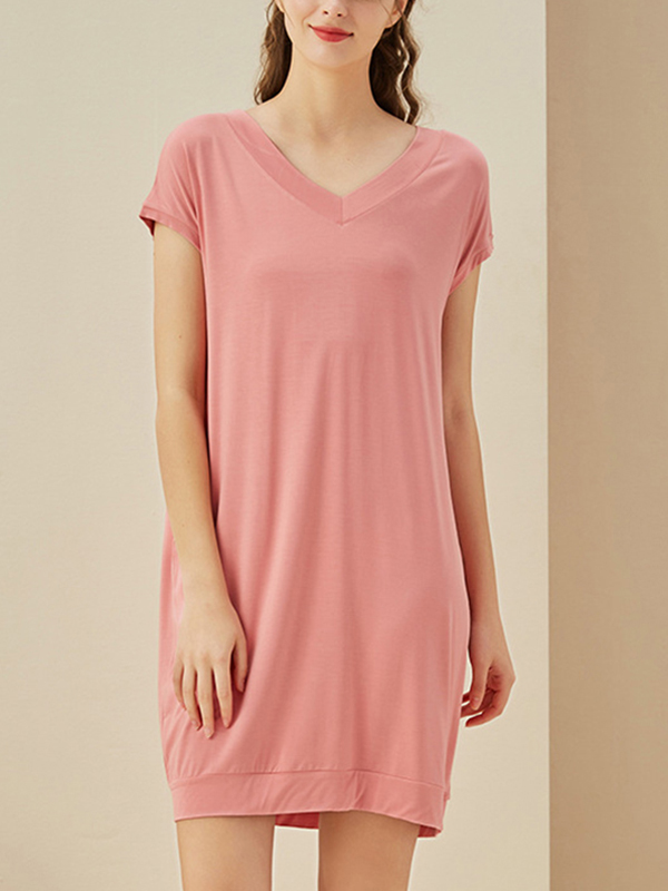 Pink V Neck Short Sleeves Nightdress with Pockets