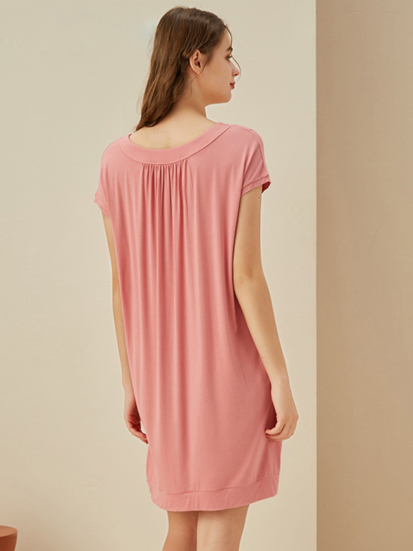 Pink V Neck Short Sleeves Nightdress with Pockets