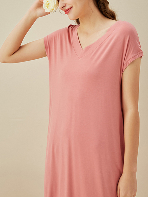 Pink V Neck Short Sleeves Nightdress with Pockets