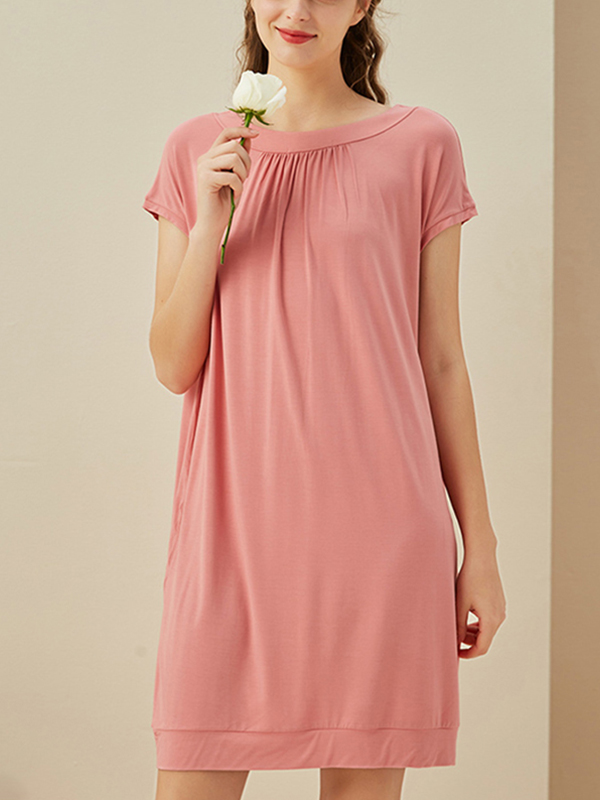 Pink V Neck Short Sleeves Nightdress with Pockets