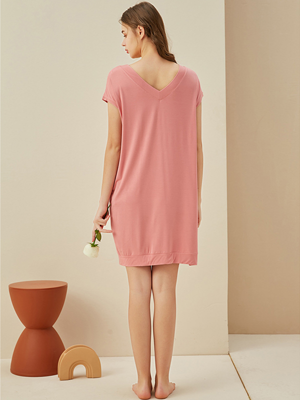 Pink V Neck Short Sleeves Nightdress with Pockets