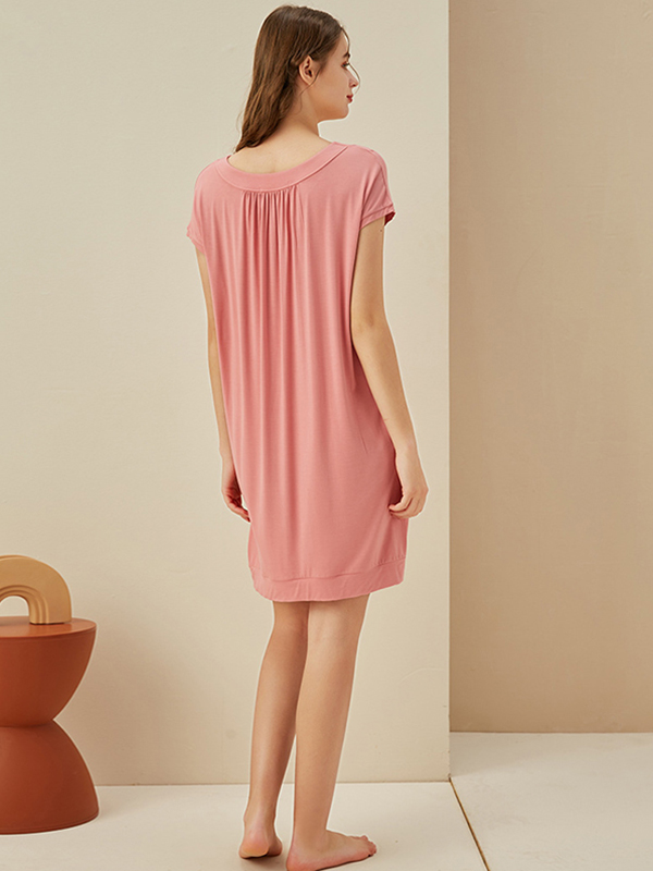 Pink V Neck Short Sleeves Nightdress with Pockets