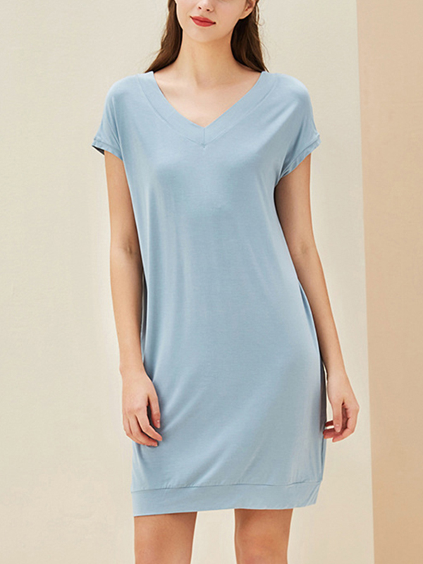 Blue V Neck Short Sleeves Nightdress with Pockets