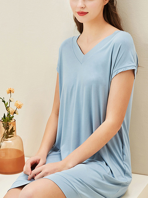 Blue V Neck Short Sleeves Nightdress with Pockets