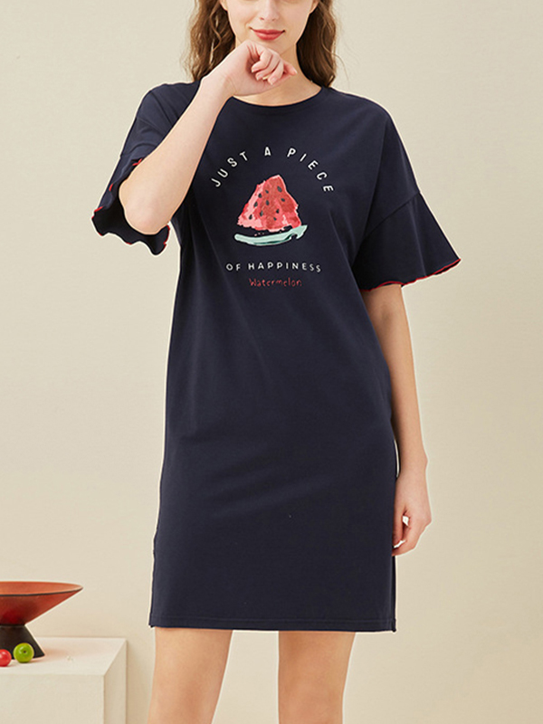 Navy Blue Watermelon Printed Short Sleeves Nightdress