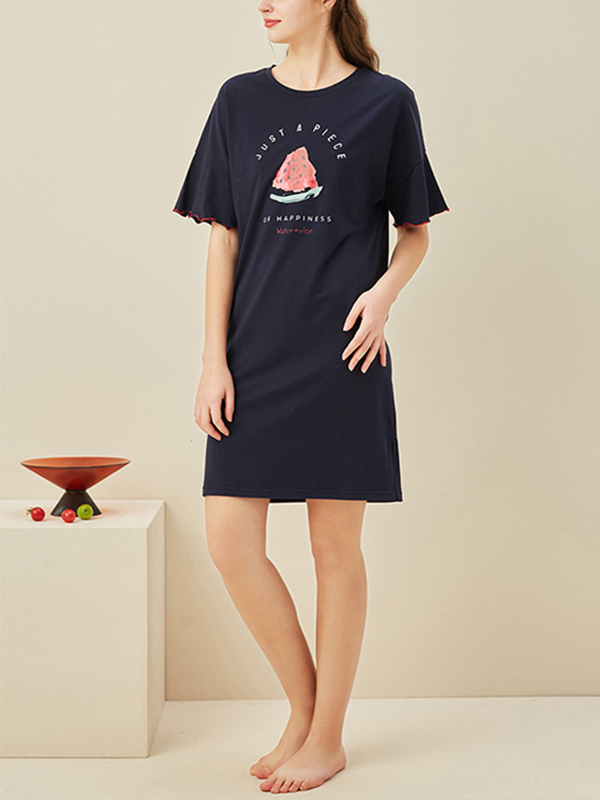 Navy Blue Watermelon Printed Short Sleeves Nightdress