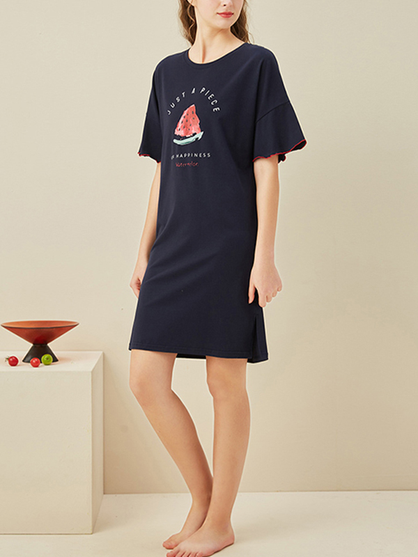 Navy Blue Watermelon Printed Short Sleeves Nightdress