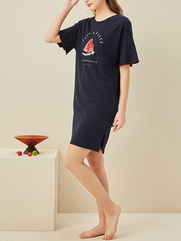 Navy Blue Watermelon Printed Short Sleeves Nightdress