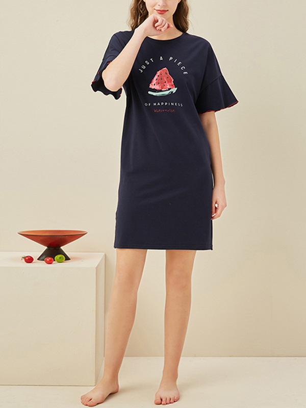 Navy Blue Watermelon Printed Short Sleeves Nightdress