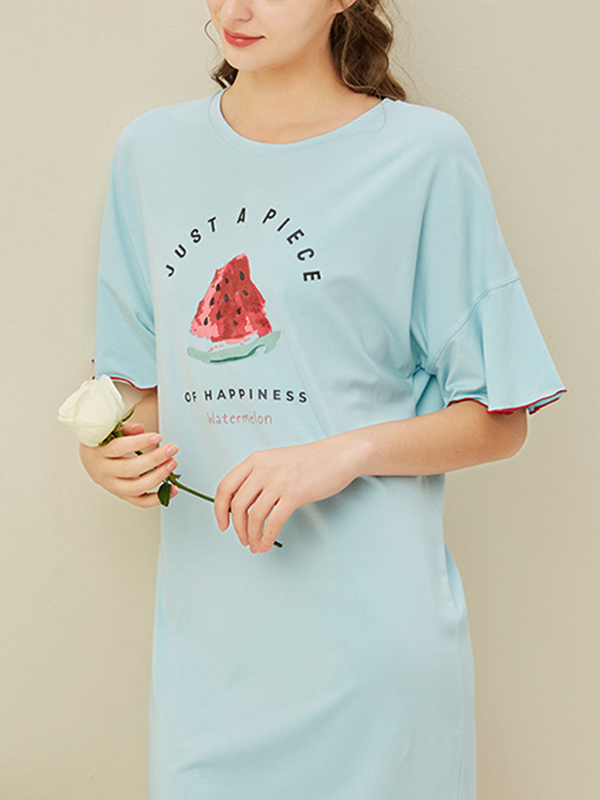 Blue Watermelon Printed Short Sleeves Nightdress