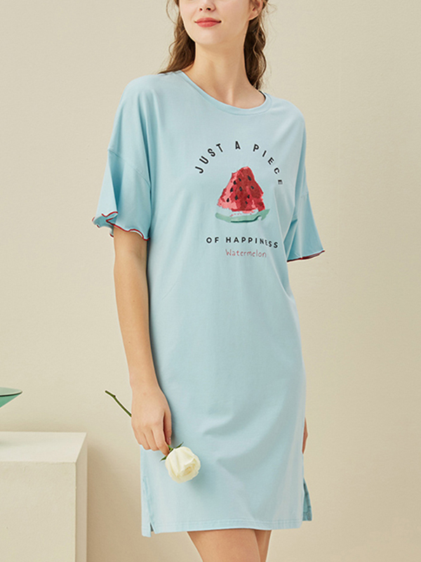 Blue Watermelon Printed Short Sleeves Nightdress