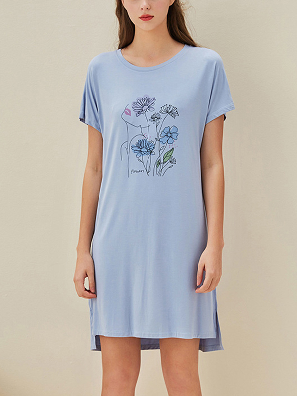 Blue Flowers Printed Short Sleeves Sleepdress