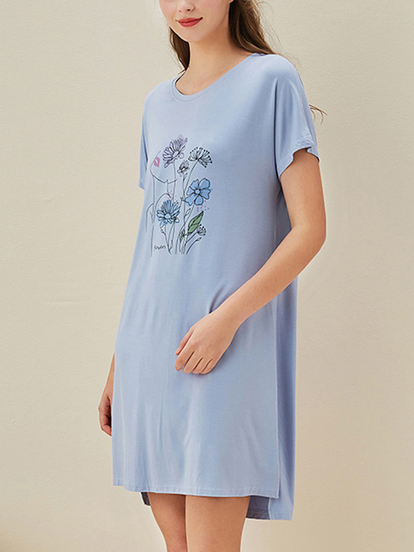 Blue Flowers Printed Short Sleeves Sleepdress