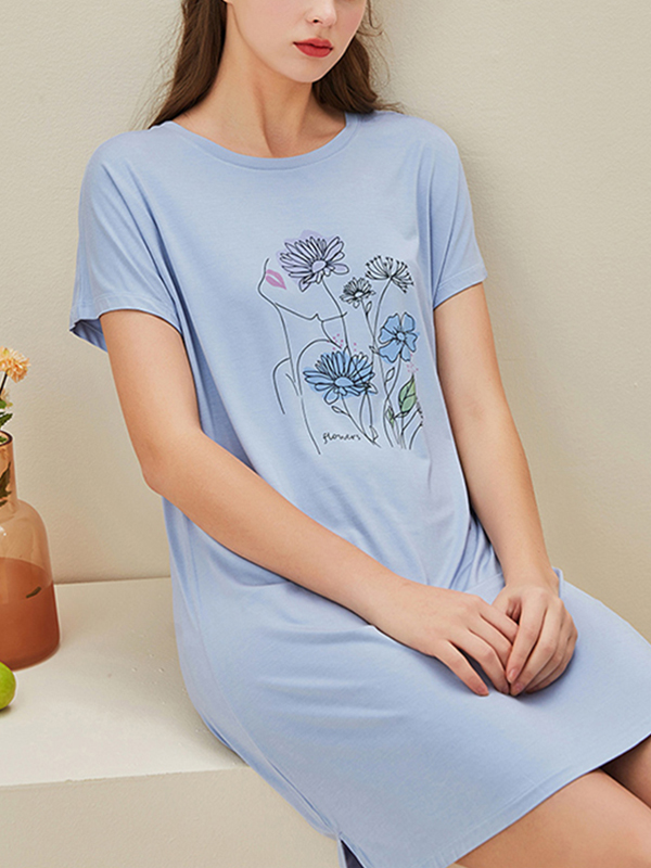 Blue Flowers Printed Short Sleeves Sleepdress