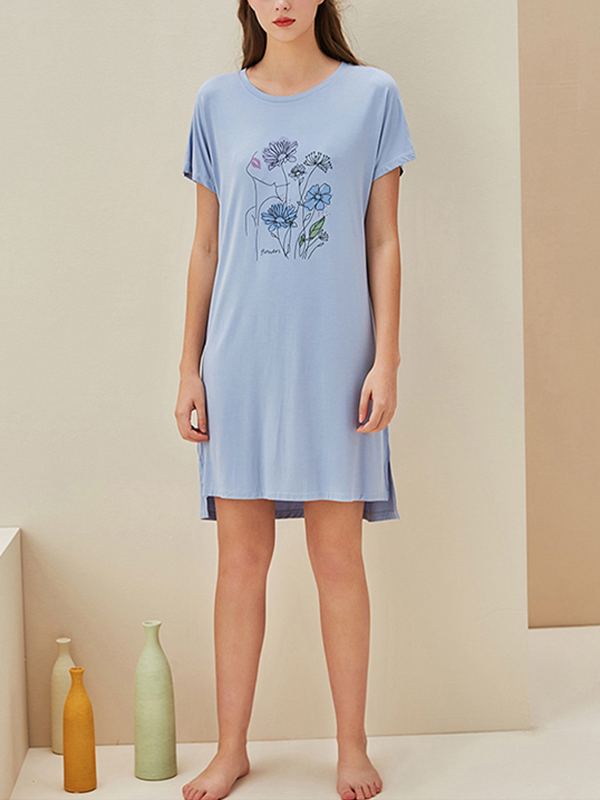 Blue Flowers Printed Short Sleeves Sleepdress