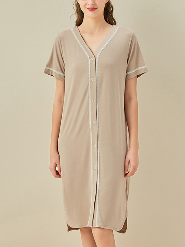 Khaki V-neck Front Button Short Sleeved Sleepdress