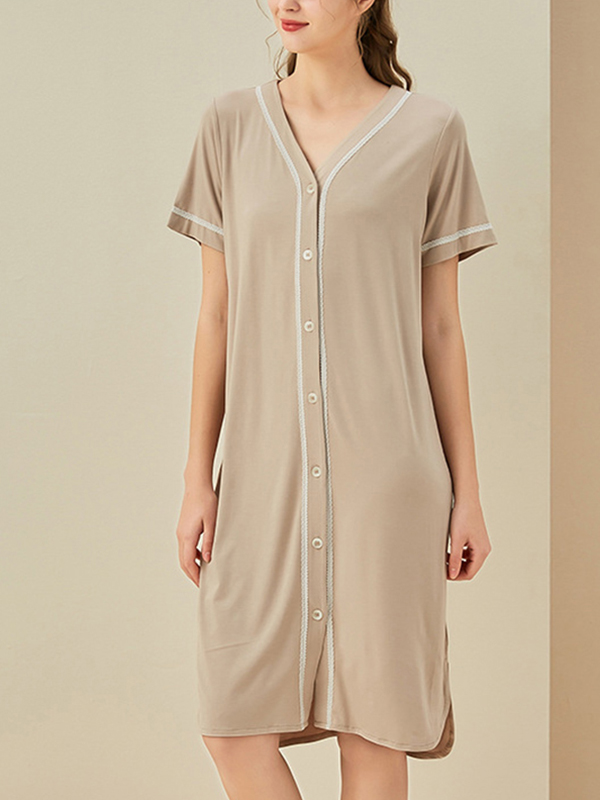 Khaki V-neck Front Button Short Sleeved Sleepdress